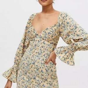 Hello Molly Blue and Tan Ruffled Smocked Mini Sundress With Fabric Cover buttons